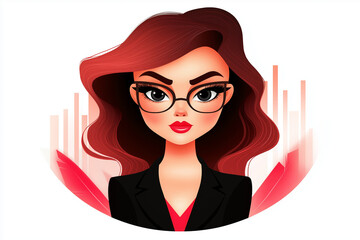 Confident cartoon businesswoman portrait with red background, vibrant vector illustration, leadership
