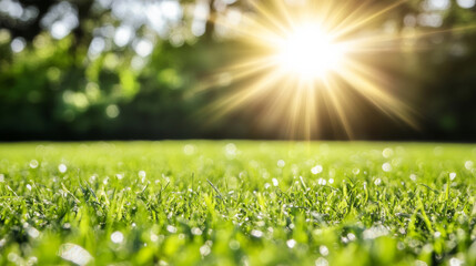 Obraz premium Bright sunlight shining over lush green grass creates serene