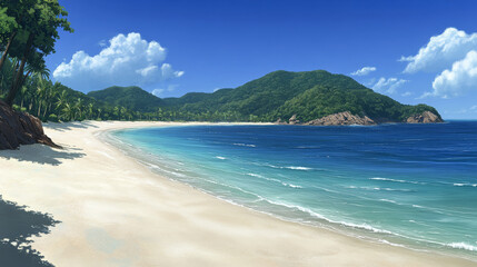 serene beach scene with clear water and lush greenery
