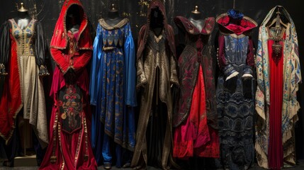 Fototapeta premium The garments of various types, colors, and materials, with prominent hues of red, blue, and black