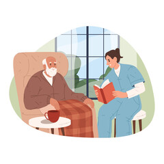 Nurse reading book to elderly man at nursery home. Vector illustration of healthcare worker providing companionship and care. Senior citizen enjoying literature and storytelling at retirement home.