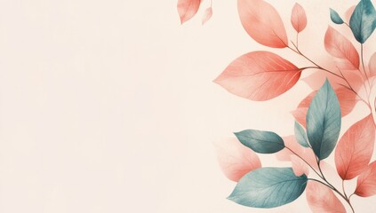 Fototapeta premium Coral, teal leaves, botanical banner, soft background, design element