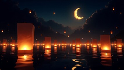 Night Lights on Calm Water: A Serene Floating Lantern Festival