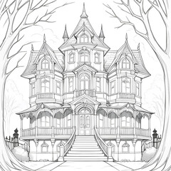 Victorian Mansion Haunted House Gothic Architecture Detailed Sketch Halloween Art