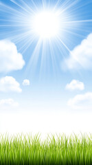 Obraz premium Bright sun shining over green grass and blue sky with clouds