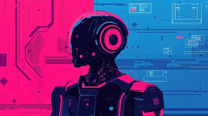 Fototapeta premium Futuristic Robot Profile with Neon Colors and Digital Background