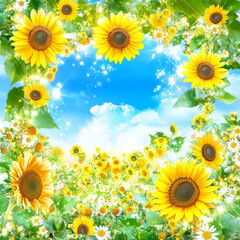 Bright sunflower field with blue sky and sparkling light