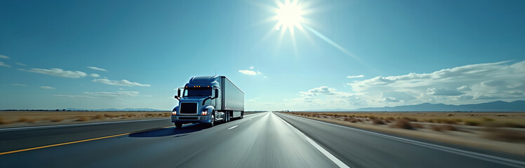 Obraz premium Semi truck drives along open highway under blue sky horizon. Commercial trucking shows vastness, freedom. Logistic, delivery themes in freight transport on asphalt road.