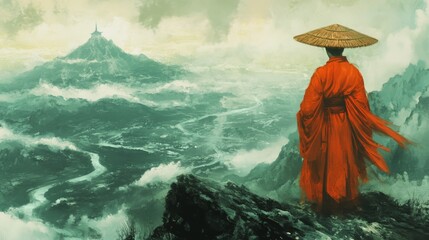 Fototapeta premium A tranquil monk reflects by a misty river in the mountains