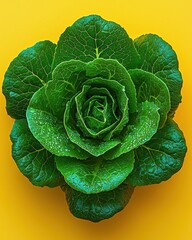 Fototapeta premium Fresh green lettuce with vibrant leaves on a bright yellow background showcasing its natural beauty and texture in a well-lit setting