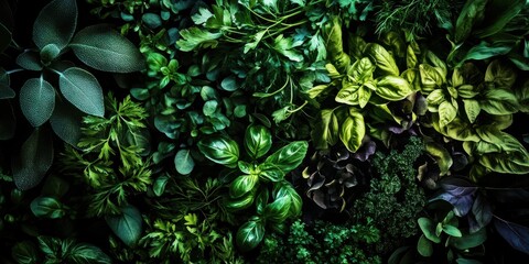 Lush variety of culinary herbs displayed on a dark surface, showcasing vibrant greens and diverse textures in a natural arrangement ideal for cooking enthusiasts