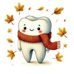 watercolor Cute tooth wearing seasonal clothes, haloween, christmas, summer, fall, rain, winter, etc.