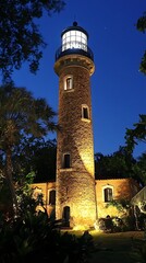 Fototapeta premium Illuminated Lighthouse at Night in Tropical Gardens