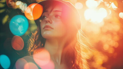 Fototapeta premium serene woman in hat surrounded by vibrant light