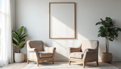 Two armchairs in minimal modern room with white wall, big frame poster. Scandinavian style interior design of living room with wooden floor, plants, decor and furniture.