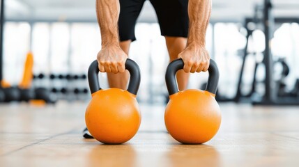 A person lifts two orange kettlebells in a modern gym, showcasing strength and fitness dedication.
