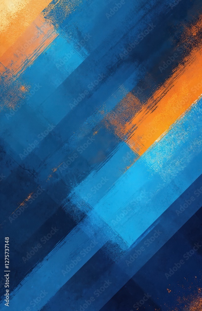 Poster abstract painted background of blue and orange intersecting stripes. diagonal brush strokes give dep