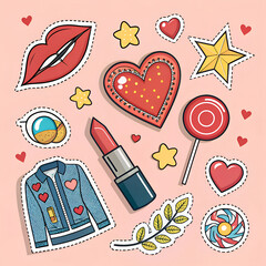 A collection of colorful stickers featuring hearts, stars, lips, and beauty items
