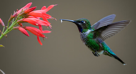 Fototapeta premium Hummingbird Drinking Nectar From Red Flowers in Natural Habitat