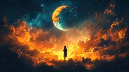 Fototapeta premium A family's silhouette stands together, glowing lanterns behind them, as a crescent moon and stars shine above, creating a warm, festive scene.