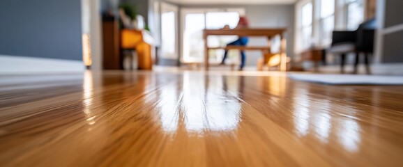 Polished hardwood floors with warm tones and sunlight reflecting through window