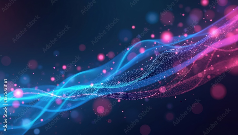 Aufkleber Modern hi-tech design with wavy colorful pattern in blue and purple. Bright shiny abstract tech illustration with light glowing and refracted particles.