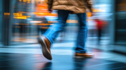Person walking through a busy urban area with blurred background lights during evening hours