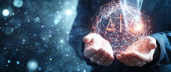 An entrepreneur reaches out to the symbol of justice, representing the idea of legal guidance, law, and protection