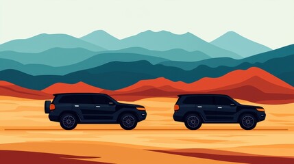 Obraz premium Two Black SUVs Driving Through Desert Landscape Under Mountains