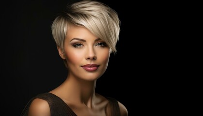 Fototapeta premium studio portrait of a blonde short haired woman wearing a black dress on a black background 