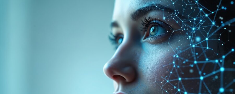 Close-up of woman face with neural network interface. Brain computer interface tech enables direct thought control, seamless integration human, tech in trading finance.