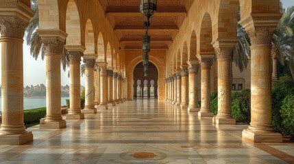 A splendid mosque porch in Lebanon with marble columns, calligraphy-adorned arches, and lanterns casting a warm, soft glow.