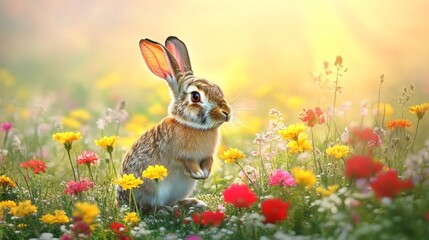 Playful Rabbit Sitting Among Colorful Spring Flowers in Meadow