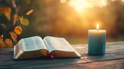 Glowing open Bible resting on a wooden surface with a soft warm candlelight illuminating the pages and leaving ample copy space for messages or overlay text