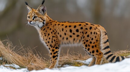 Obraz premium A beautifully detailed image of a serval cat standing in tall golden grass, its long legs and spotted coat blending seamlessly into the landscape.