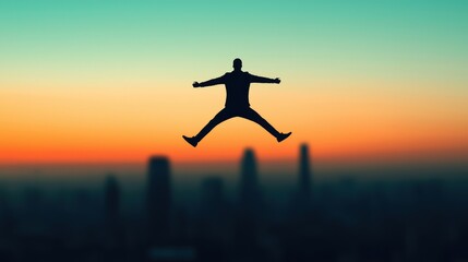 Man Jumping Against Vibrant Skyline During Sunset Silhouette