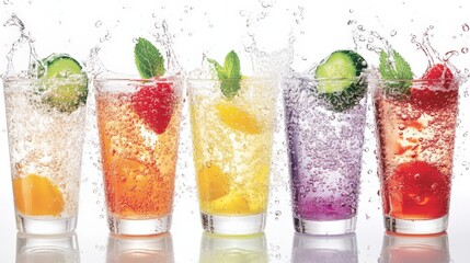 Colorful, refreshing beverages splashing in glasses with fruit and mint, set against a bright background