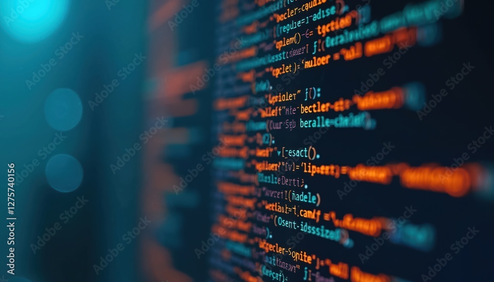 Aufkleber Close-up of computer code on screen, displaying advanced software development and coding skills. Dark background features blue glow. Generative AI, application, cyber security technologies.