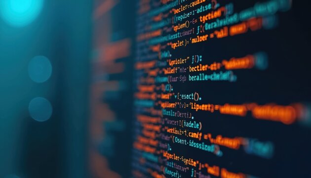 Close-up of computer code on screen, displaying advanced software development and coding skills. Dark background features blue glow. Generative AI, application, cyber security technologies.