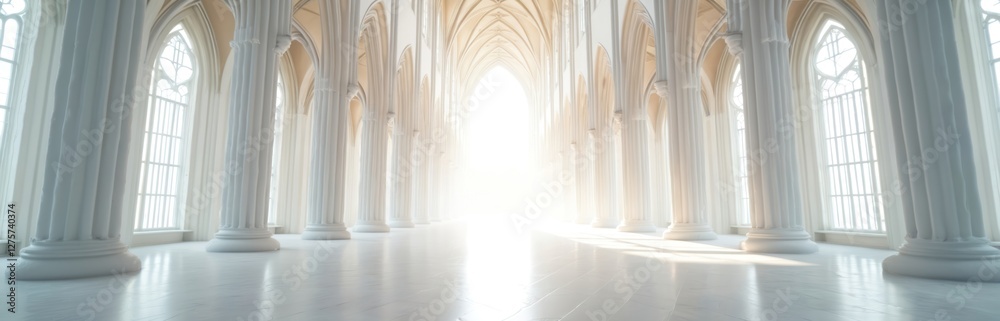 Poster White interior room with pillars and arched windows. Empty hall in surreal minimalistic style with bright light and smooth floor. Architectural space for product presentation or background.