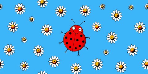 Seamless pattern with flowers and ladybugs. Bright colors. Ideal for gift wrapping or children's crafts.