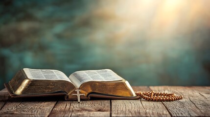 An open Bible lies on a rustic wooden table a wooden rosary draped over its pages Soft natural light streams in leaving a clean copy space for Easter or Good Friday messages