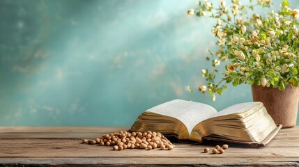 A peaceful and contemplative scene with an open Bible and a wooden rosary draped over it placed on a rustic wooden table  Soft natural light streams in