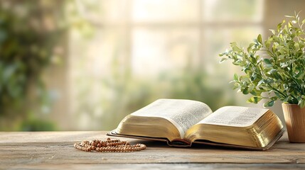 Open Bible with Draped Wooden Rosary on Rustic Wooden Table Illuminated by Soft Natural Lighting Leaving Clean Copy Space for Easter or Good Friday Messages