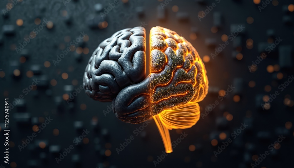 Poster creative representation of brain split into two halves organic and digital. fusion of tech and cogni