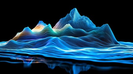 The background is an abstract 3D rendering of a blue digital landscape mountain with a flare, glittering light, a shining beam, and an added dust particle effect