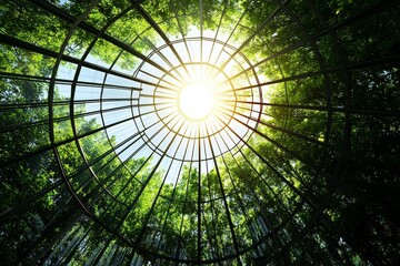 In the modern city, an eco-friendly building stands out, featuring green tree branches with leaves and sustainable glass to minimize heat and carbon dioxide emissions, embodying the office building's