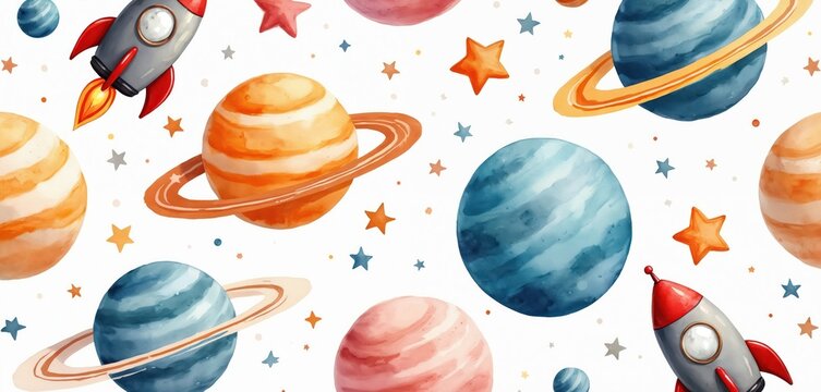 Watercolor space seamless pattern. Rocket ships explore planets, stars. Galaxy, universe childish drawing, whimsical, cute design. Textile, fabric, paper for scrapbooking, baby shower card.