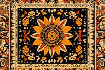 A beautifully designed abstract carpet, featuring a central floral mandala with orange and yellow petals, surrounded by ancient symbols and patterns, creating a rich and intricate texture.