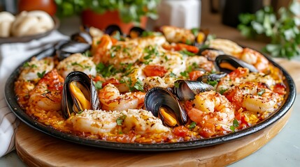 Delicious seafood paella with shrimp, mussels, and fish.
